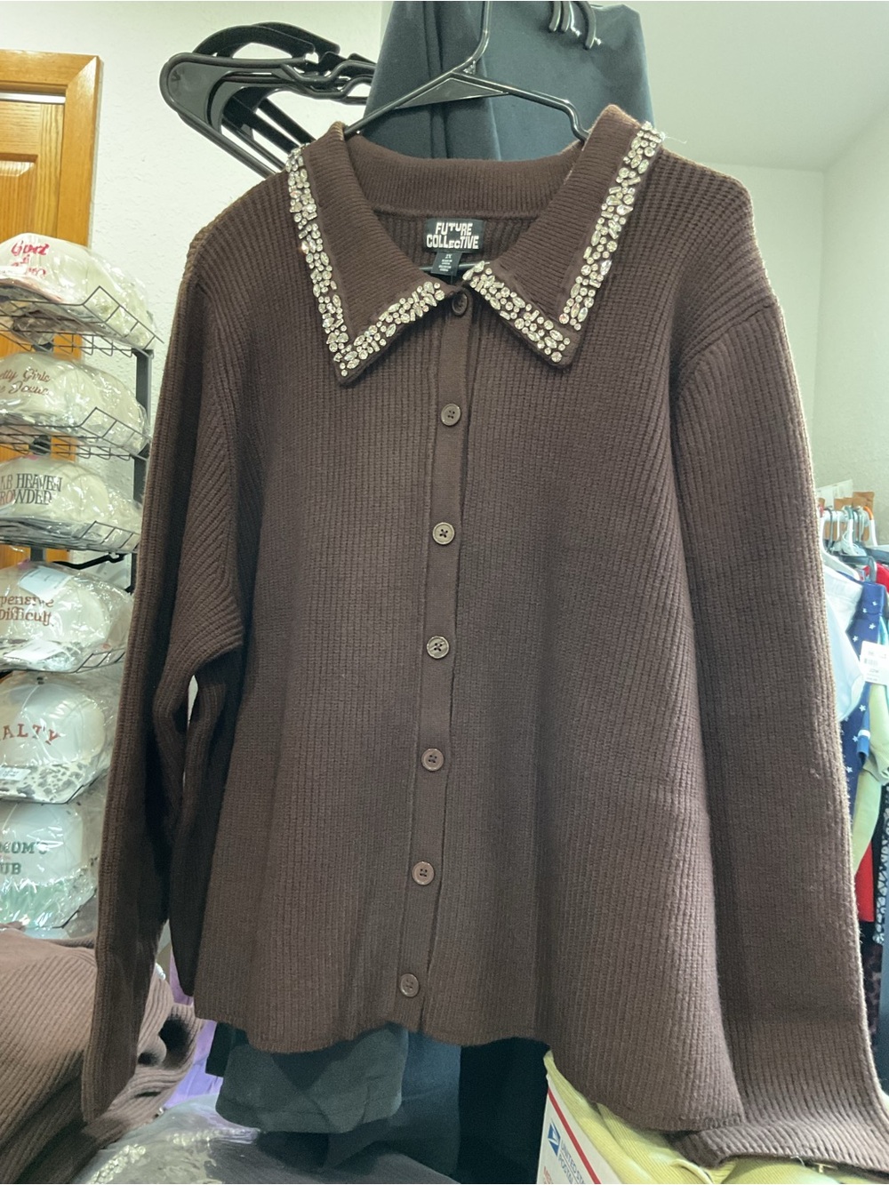 FA395 - Future Collective 2X Brown Rhinestone Jeweled Collar Cardigan NWT